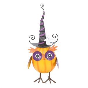 Orange Metal Owl Ornament with Witch Hat and Ghost - Image 2
