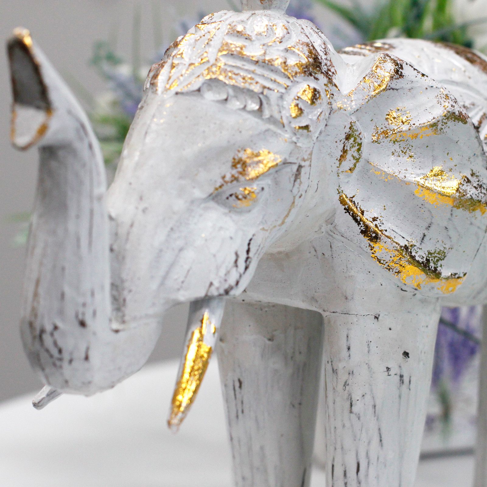 Wood Carved Elephant - White Gold - Image 4