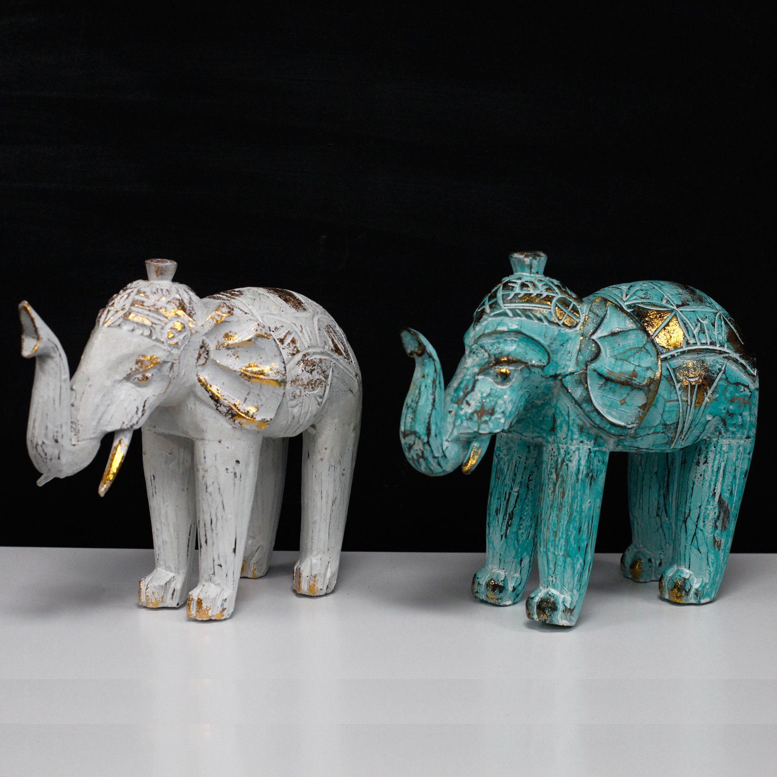 Wood Carved Elephant - Turquoise Gold - Image 4