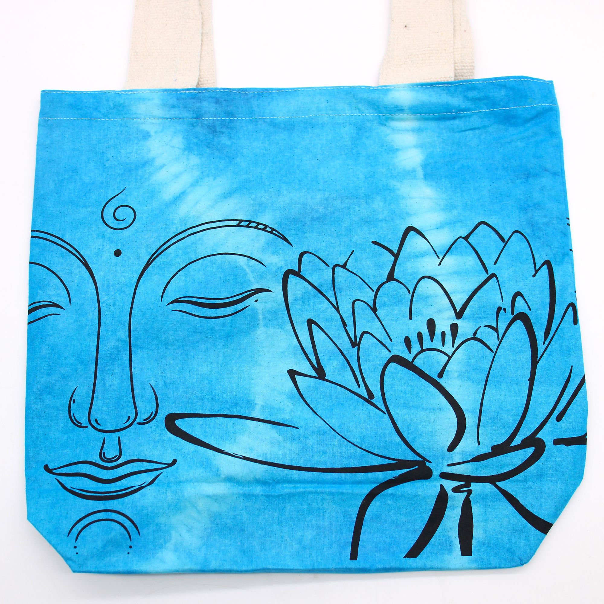 Tye-Dye Cotton Bag (6oz) - 38x42x12cm - Lotus Buddha - Blue - Natural Handle - Image 2
