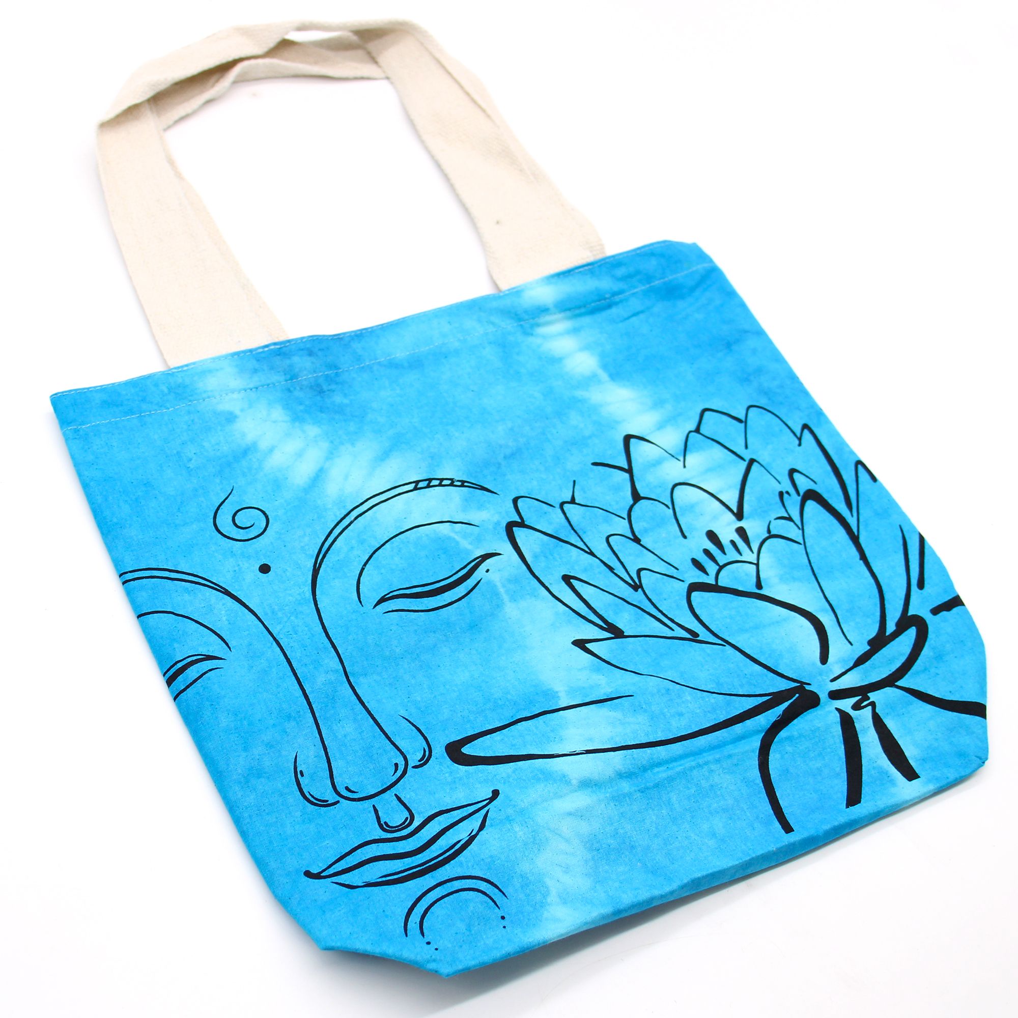 Tye-Dye Cotton Bag (6oz) - 38x42x12cm - Lotus Buddha - Blue - Natural Handle - Image 3