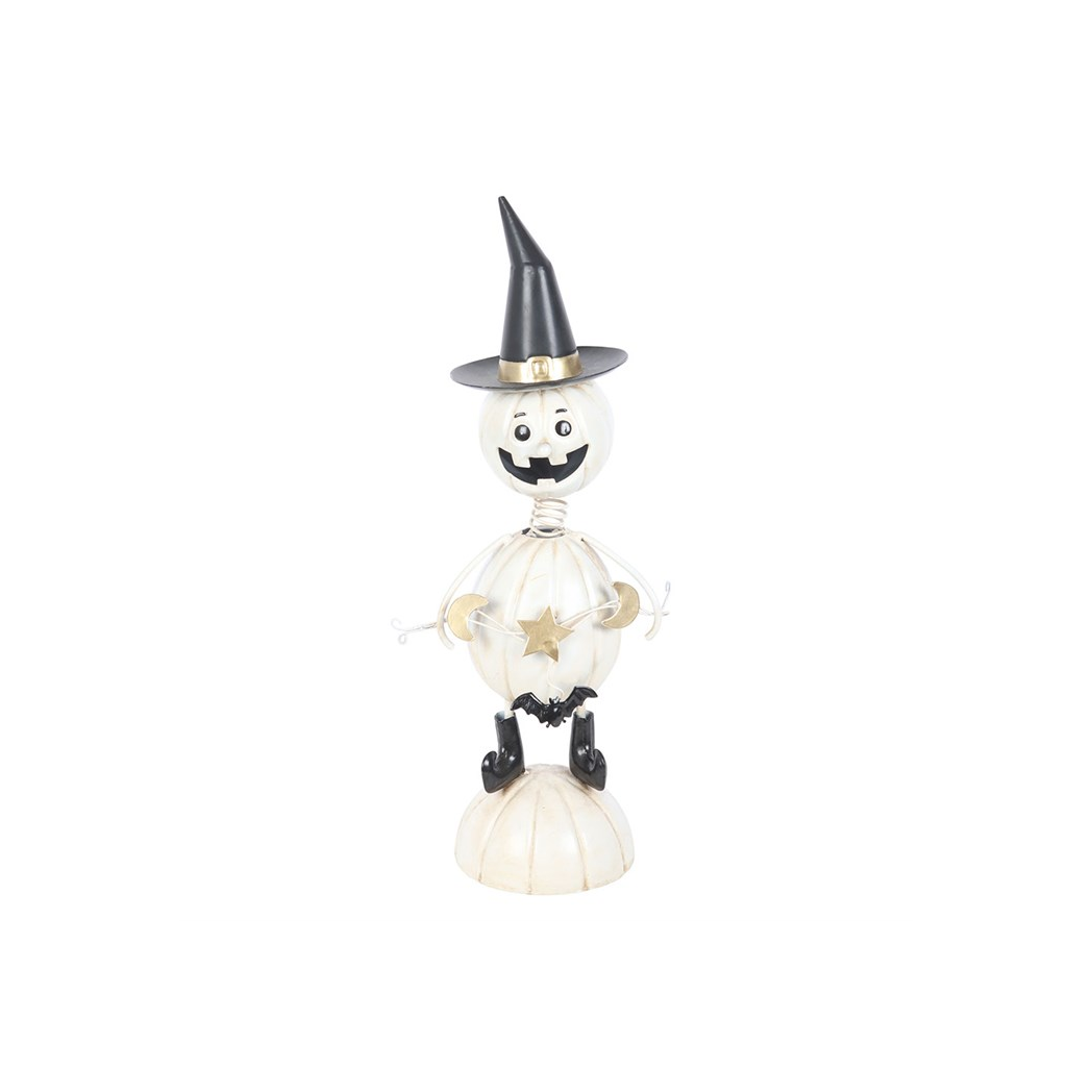 White Metal Pumpkin Man Ornament with Witch Hat - Image 2