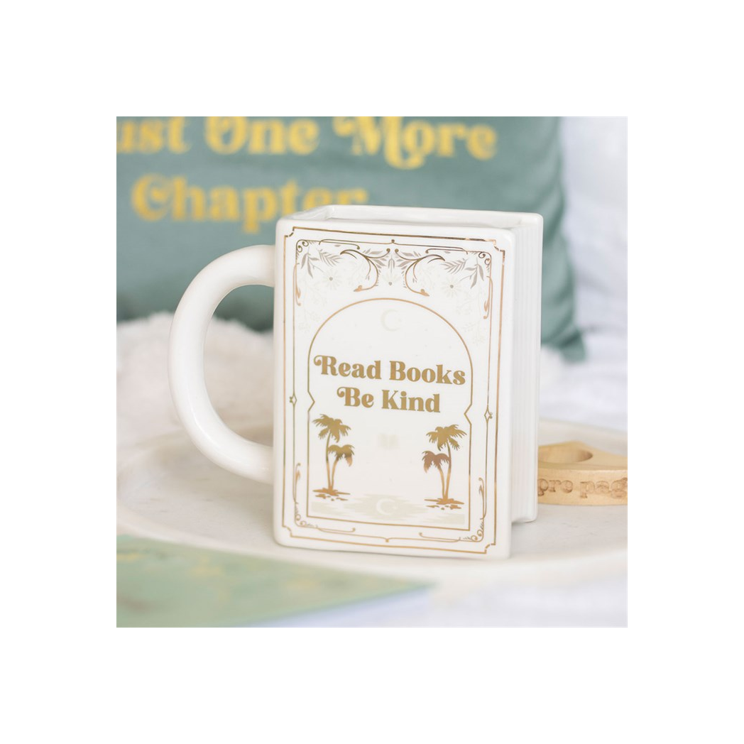 Read Books Be Kind White Book Shaped Mug