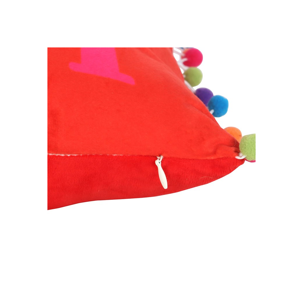Red Holly Jolly Cushion with Pom Poms - Image 4