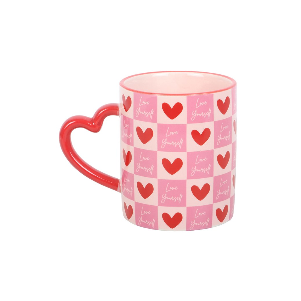 Love Yourself Checkered Mug with Heart Handle - Image 2