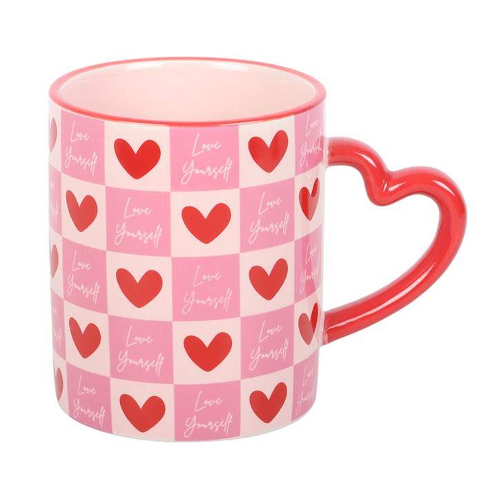 Love Yourself Checkered Mug with Heart Handle - Image 4