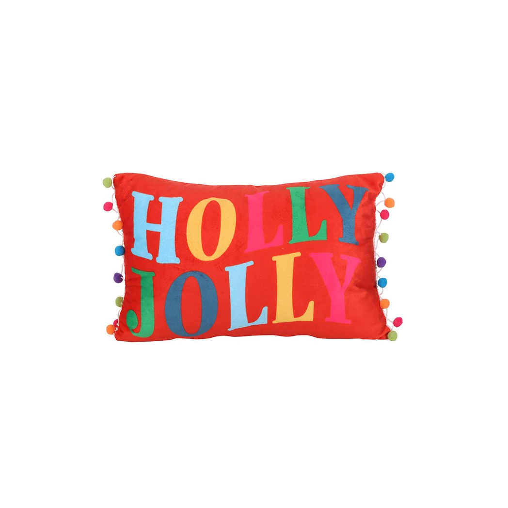 Red Holly Jolly Cushion with Pom Poms - Image 2