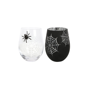 Set of 2 Spider and Web Stemless Wine Glasses