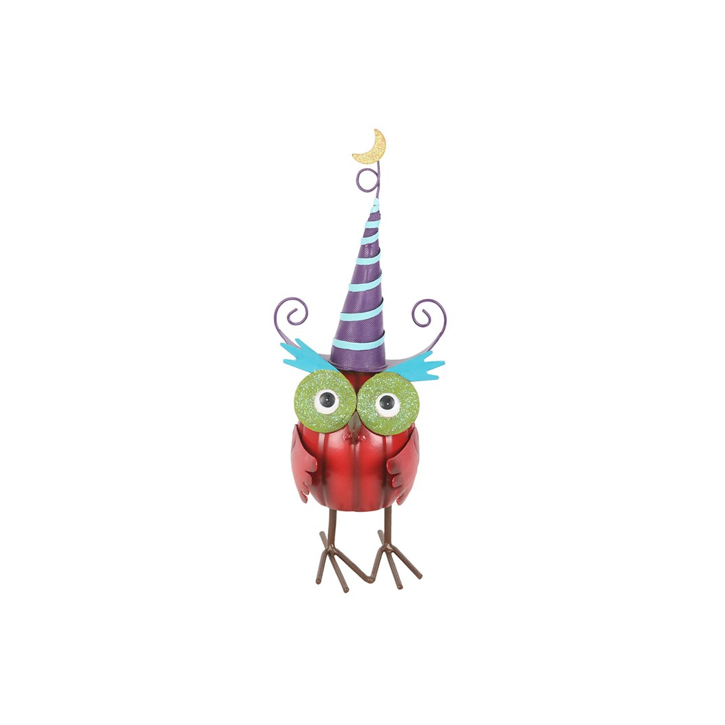 Red Metal Owl Ornament with Witch Hat - Image 2